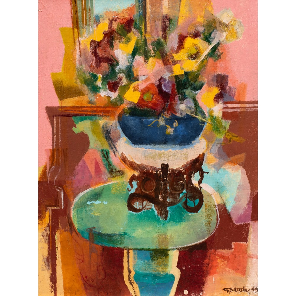 Painting, John Emmett Gerrity: John Emmett Gerrity (American, 1895-1980), "Flowers and Stand," 1945, oil on canvas, signed and dated lower right, titled verso, canvas: 24"h x 18"w, overall (with frame): 30"h x 23.5"w