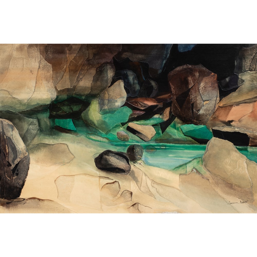 Painting, Alexander Nepote: Alexander Nepote (American, 1913-1986), "Green Cove Abyss," mixed media on board, signed lower right and signed and titled verso, partial exhibition label affixed verso, board: 32"h x 48"w, overall (w