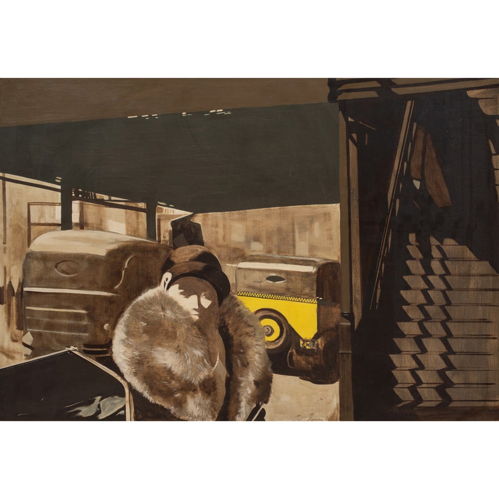 Painting, Robert Martin Harvey: Robert Martin Harvey (American, 1924-2004), "Aunt Goldie on Broadway," 1966, oil on canvas, signed and dated lower center, gallery labels (Gump's, San Francisco, CA; Vassar College) affixed verso,