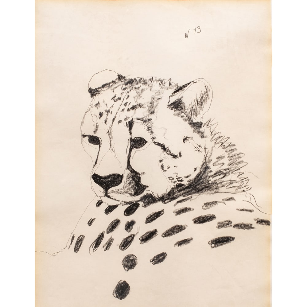 Work on paper, Bryan Wilson: Bryan Wilson (American, 1927-2002), Young Cheetah, 1973, charcoal on paper, initialed and dated upper right, sight: 23.5"h x 17.5"w, overall (with frame): 34"h x 27"w