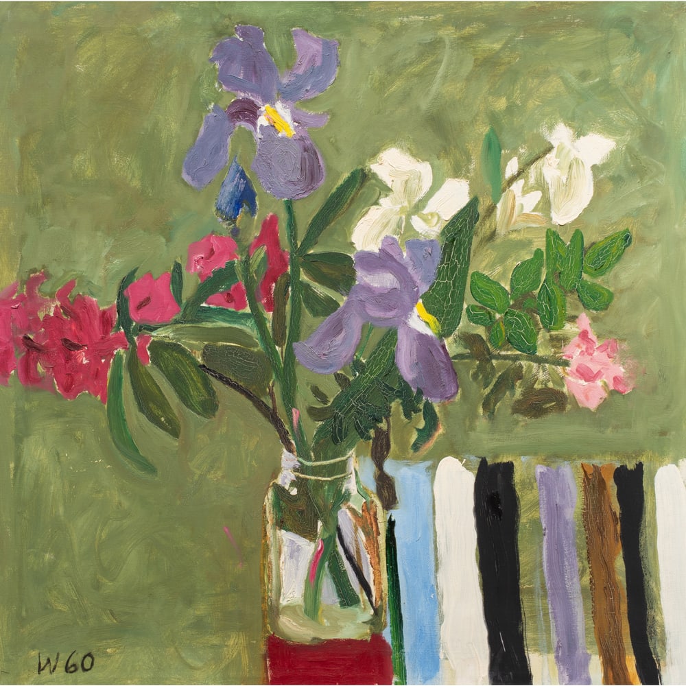 Painting, Bryan Wilson: Bryan Wilson (American, 1927-2002), Still Life with Flowers, 1960, oil on canvas, initialed and dated lower left, canvas: 36"h x 36"w, overall (with frame): 37"h x 37"w
