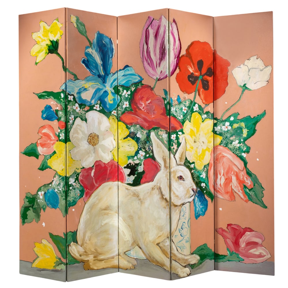 Painted Folding Screen, Ira Yeager: Ira Yeager (American, 1938-2022), Untitled (Rabbit Among Flowers), oil on five-panel canvas folding screen, overall: 102"h x 120"w (laid flat)