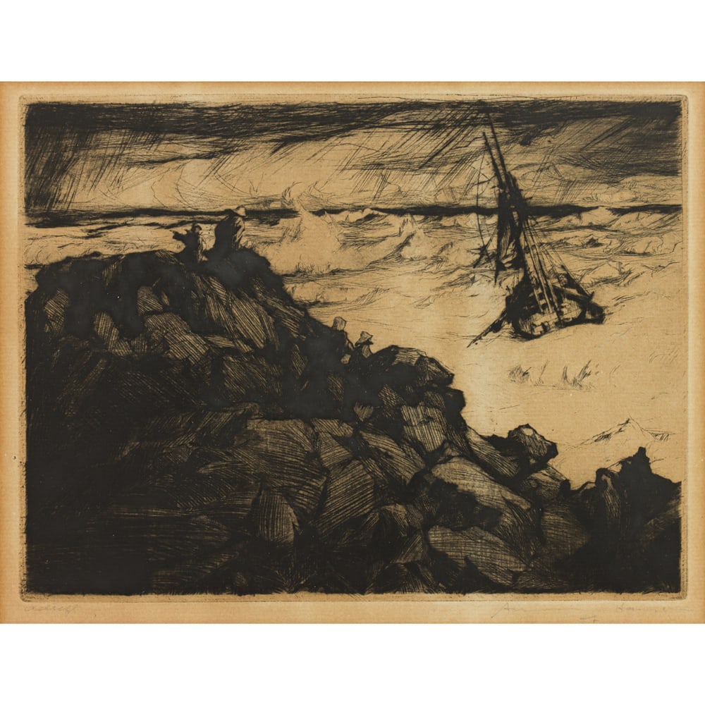 Print, Armin Carl Hansen: Armin Carl Hansen (American, 1886-1957), "Requiem," 1924, drypoint etching, pencil signed lower right, image: 6"h x 7.75"w, overall (with frame): 14.75"h x 19.75"w