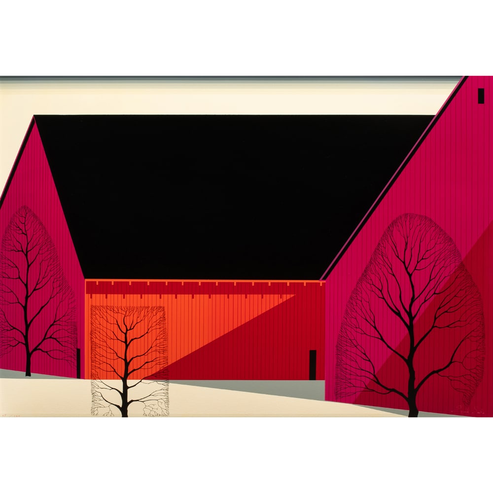 Print, Eyvind Earle: Eyvind Earle (American, 1916-2000), "Western Barns," serigraph, pen signed lower right, sight: 32"h x 45.5"w, overall (with frame): 41.5"h x 55.5"w