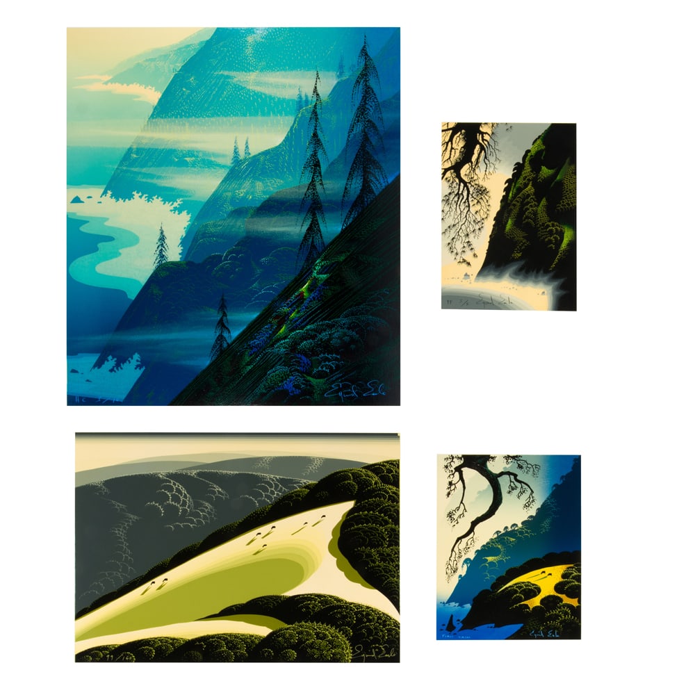 Prints, Eyvind Earle: (lot of 4) Eyvind Earle (American, 1919-2000), "Bug Sur Coastline," 1989, serigraph, pen signed lower right, edition First Trial, image: 8"h x 6.25"w, sheet (unframed): 16.5"h x 14.5"w, "Little Big Su