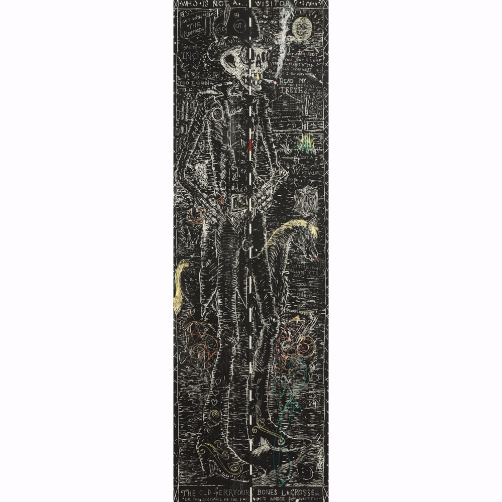 Print, William T. Wiley: William T. Wiley (American, 1937-2021), "Mr. Bones," 1989, woodcut with hand coloring, printer: Lawrence Hamlinn, publisher: Crown Point Press, museum inventory no: 1990.1.36, image: 74.19" x 23.06".