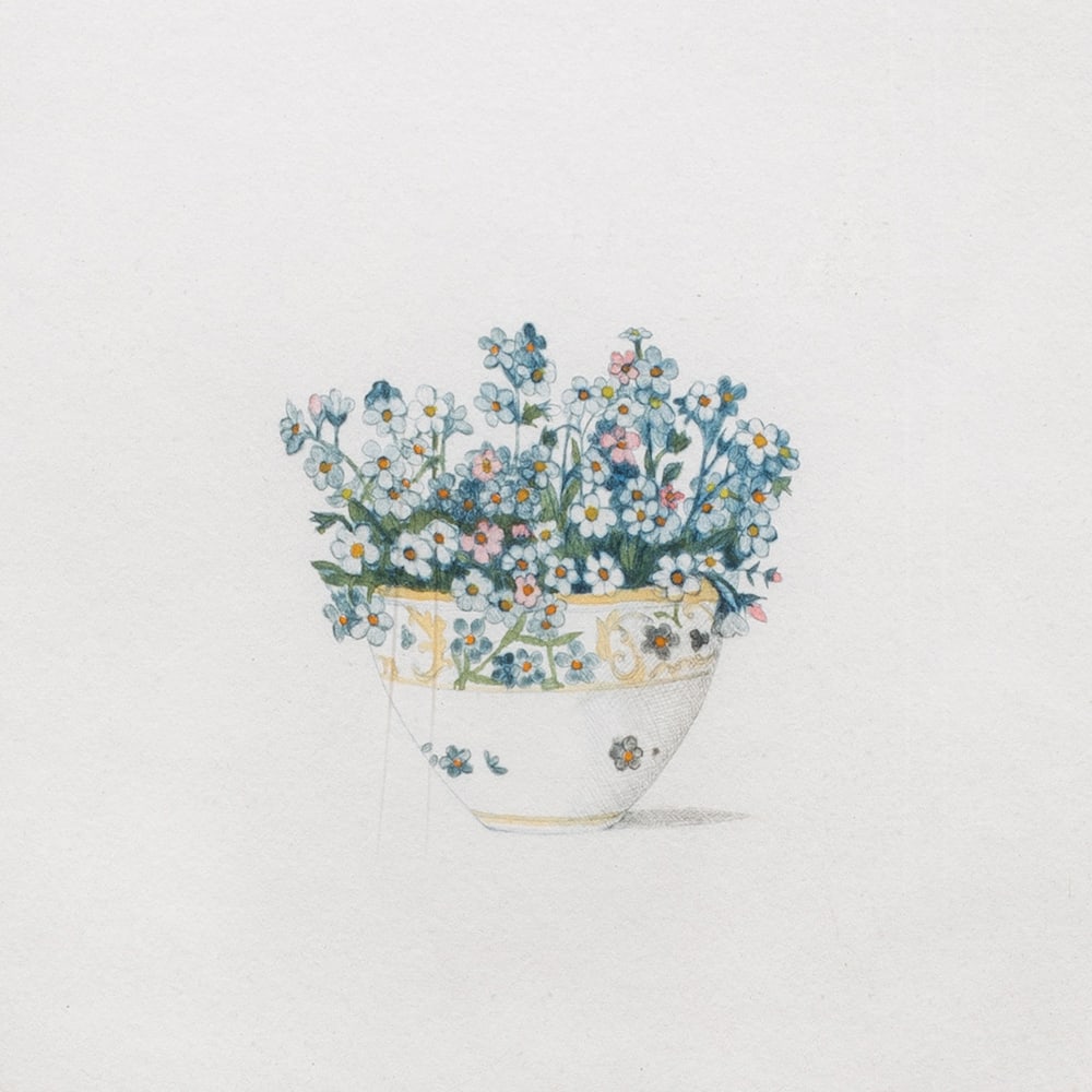 Print, Beth Van Hoesen: Beth Van Hoesen (American, 1926-2010), "Forget-Me-Nots," 1979, etching, pencil signed and dated lower right, titled lower left, edition 22/25, image: 3"h x 3"w, sight: 7.75"h x 7.5"w, overall (with