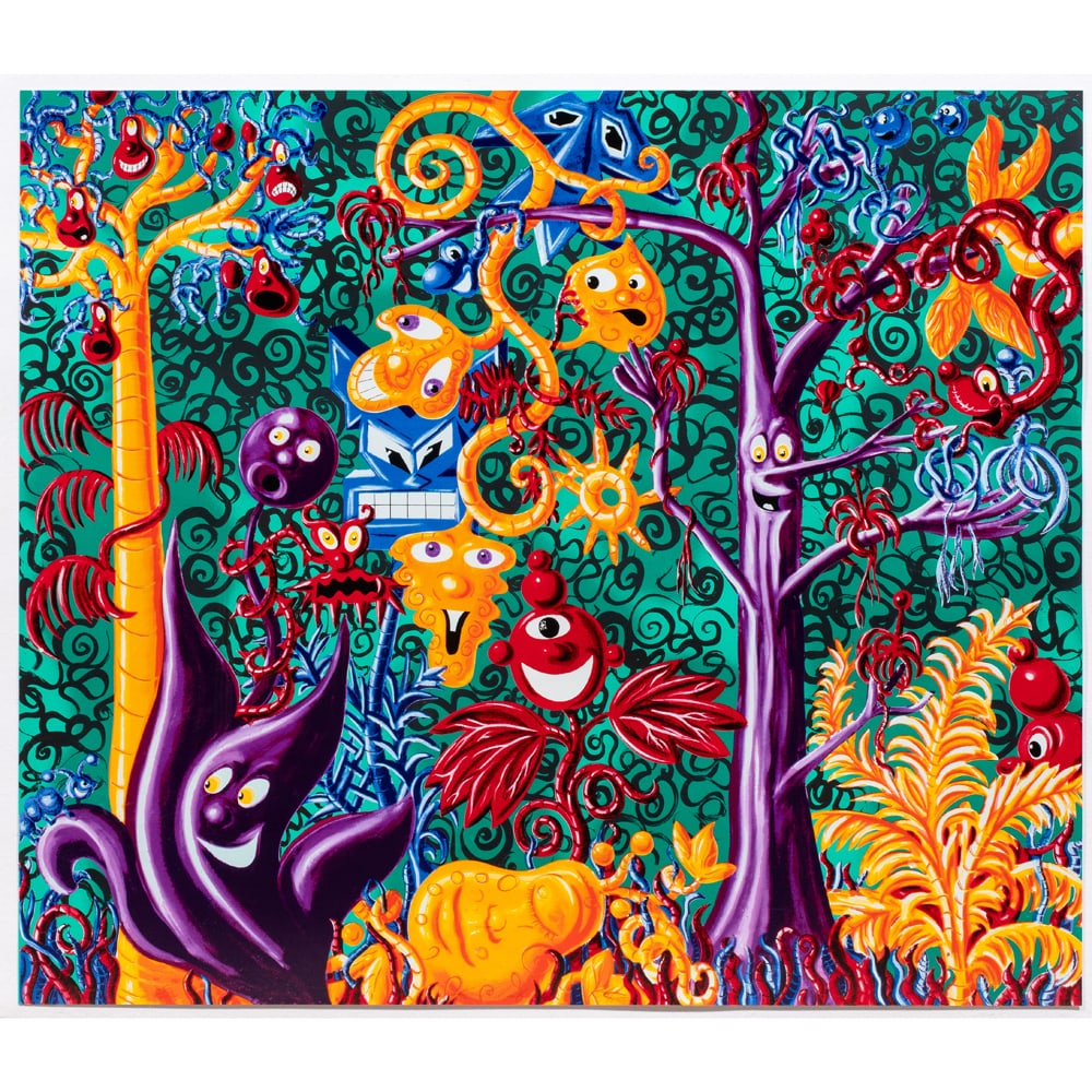 Print, Kenny Scharf: Kenny Scharf (American, b. 1958), "Juicy Jungle," 1988-89, screeprint, pencil signed lower center, edition 55/150, image/sheet: 34"h x 39.5"w, overall (with frame): 39"h x 44"w. Provenance: Martin
