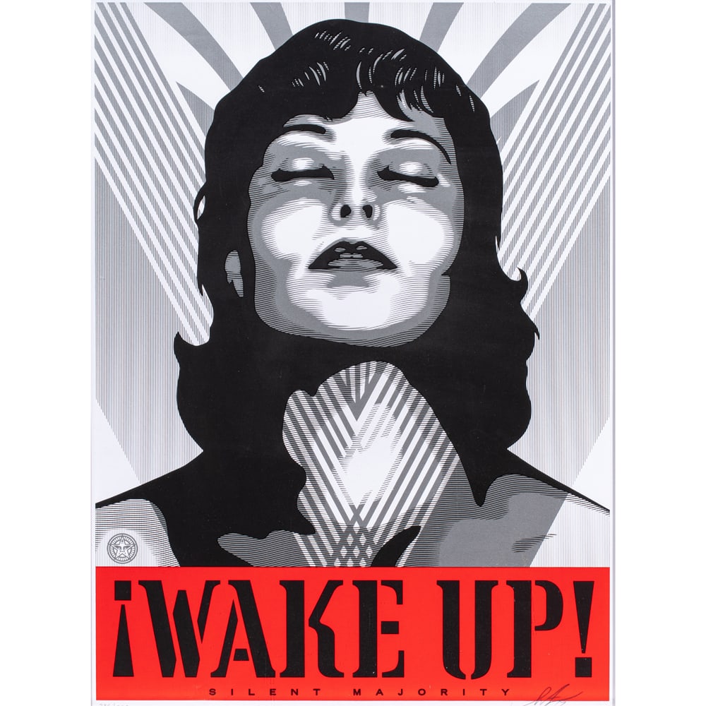 Print, Shepard Fairey: Shepard Fairey (American, b. 1970), "Wake Up!," screenprint, pencil signed lower right, edition 230/350, sight: 24"h x 17.5"w, overall (with frame): 26"h x 20"w