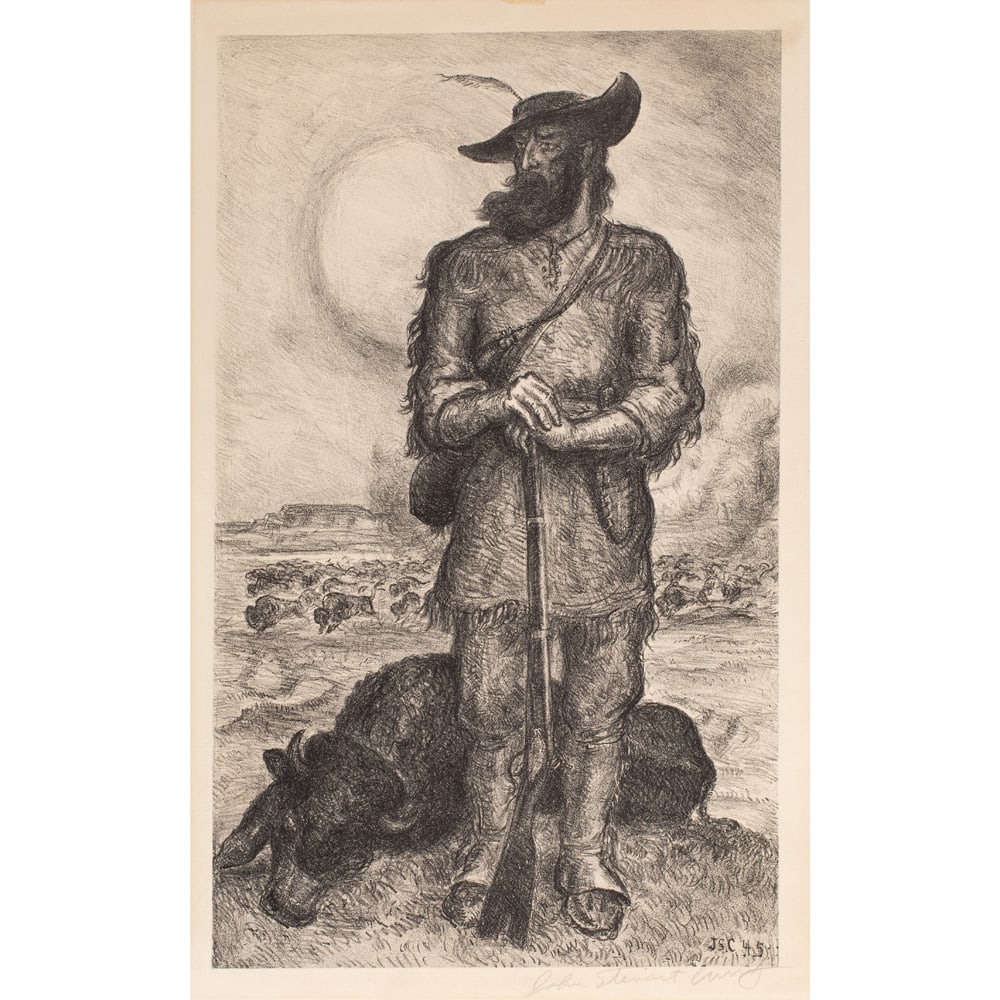 Print, John Steuart Curry: John Steuart Curry (American, 1897-1946), "The Plainsman," 1945, lithograph, signed in pencil lower right, edition 250, published by Associated American Artists, NY, image: 15.87"h x 9.75"w, sheet