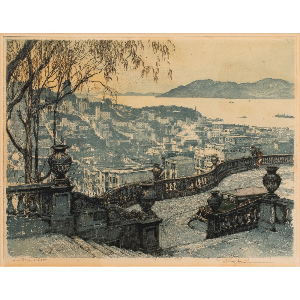 Print, Luigi Kasimir: Luigi Kasimir (Austro-Hungarian, 1881-1962), "San Francisco," etching with aquatint, pencil signed lower right, titled lower left, image: 10"h x 13"w, overall (with frame): 18.25"h x 21.75"w