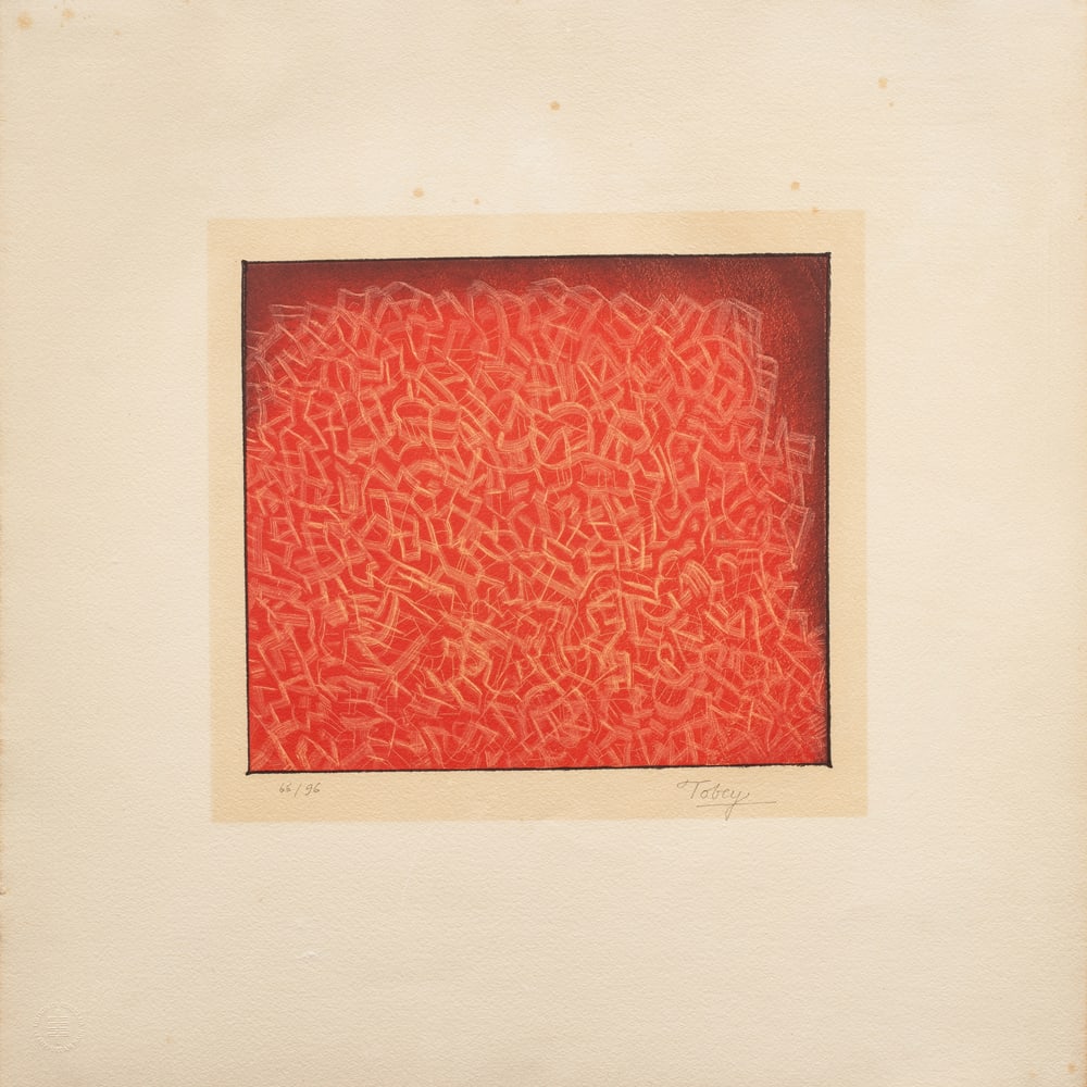 Print, Mark Tobey: Mark Tobey (American, 1890-1976), "Longing for Community," 1973, etching, pencil signed lower right, edition 66/96, image: 9.25"h x 10.5"w, sheet: 20"h x 20"w, overall (with frame): 22"h x 21.75"w