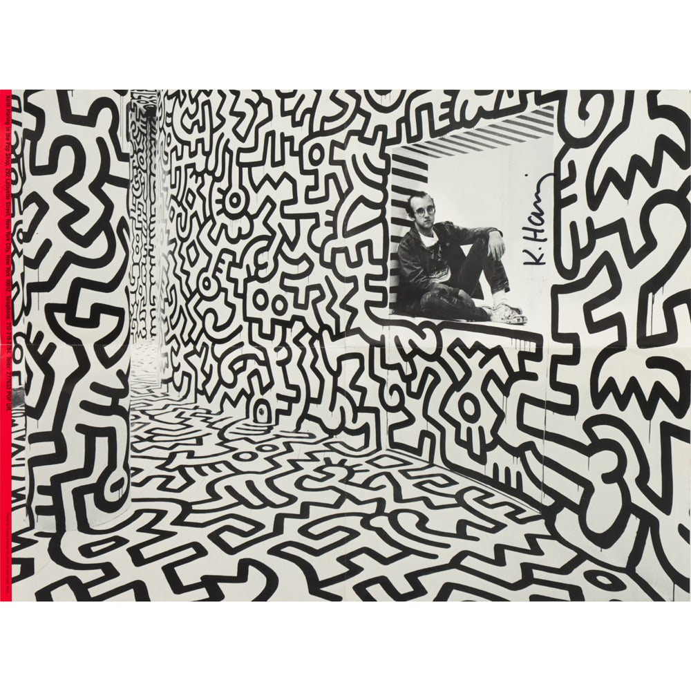 Poster, Tseng Kwong Chi: Tseng Kwong Chi (American, 1950-1990), Keith Haring Pop Shop Poster, ink signed by Haring upper center right, sheet (unframed): 16"h x 21.75"w