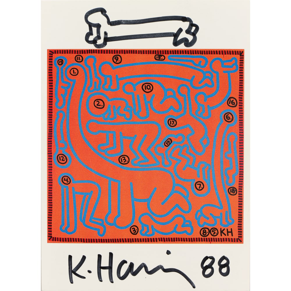 Signed Doodle on Postcard, Keith Haring: Keith Haring (American, 1958-1990), Untitled, 1988, postcard, pen signed and dated lower margin with ink drawing, upper margin, sheet (unframed): 6"h x 4.25"w