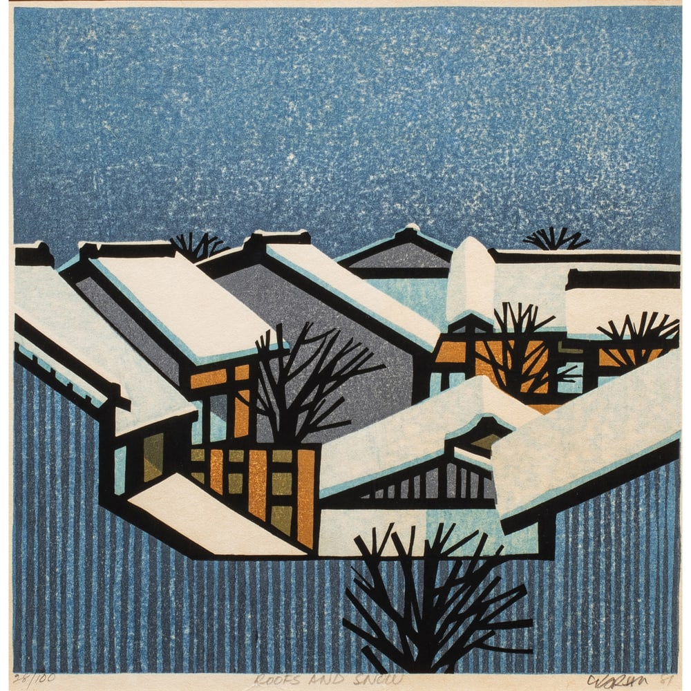 Print, Clifton Karhu: Clifton Karhu (American, 1927-2007), "Roofs and Snow," 1981, woodblock, pencil signed and dated lower right, titled lower center, edition 28/100, image: 10"h x 10"w, overall (with frame): 17"h x