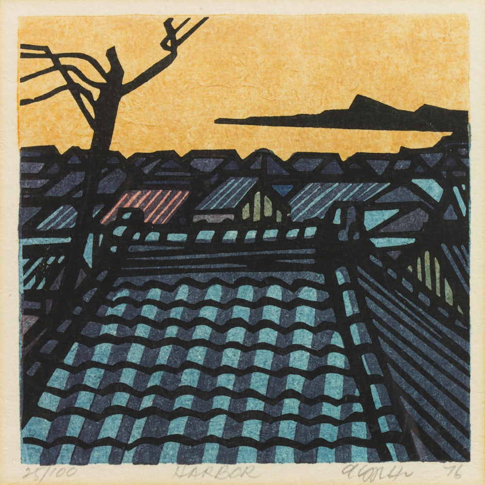 Print, Clifton Karhu: Clifton Karhu (American, 1927-2007), "Harbor," 1976, woodblock, pencil signed and dated lower right, titled lower center, edition 25/100, image: 6.75"h x 6.75"w, overall (with frame): 13"h x 13"w