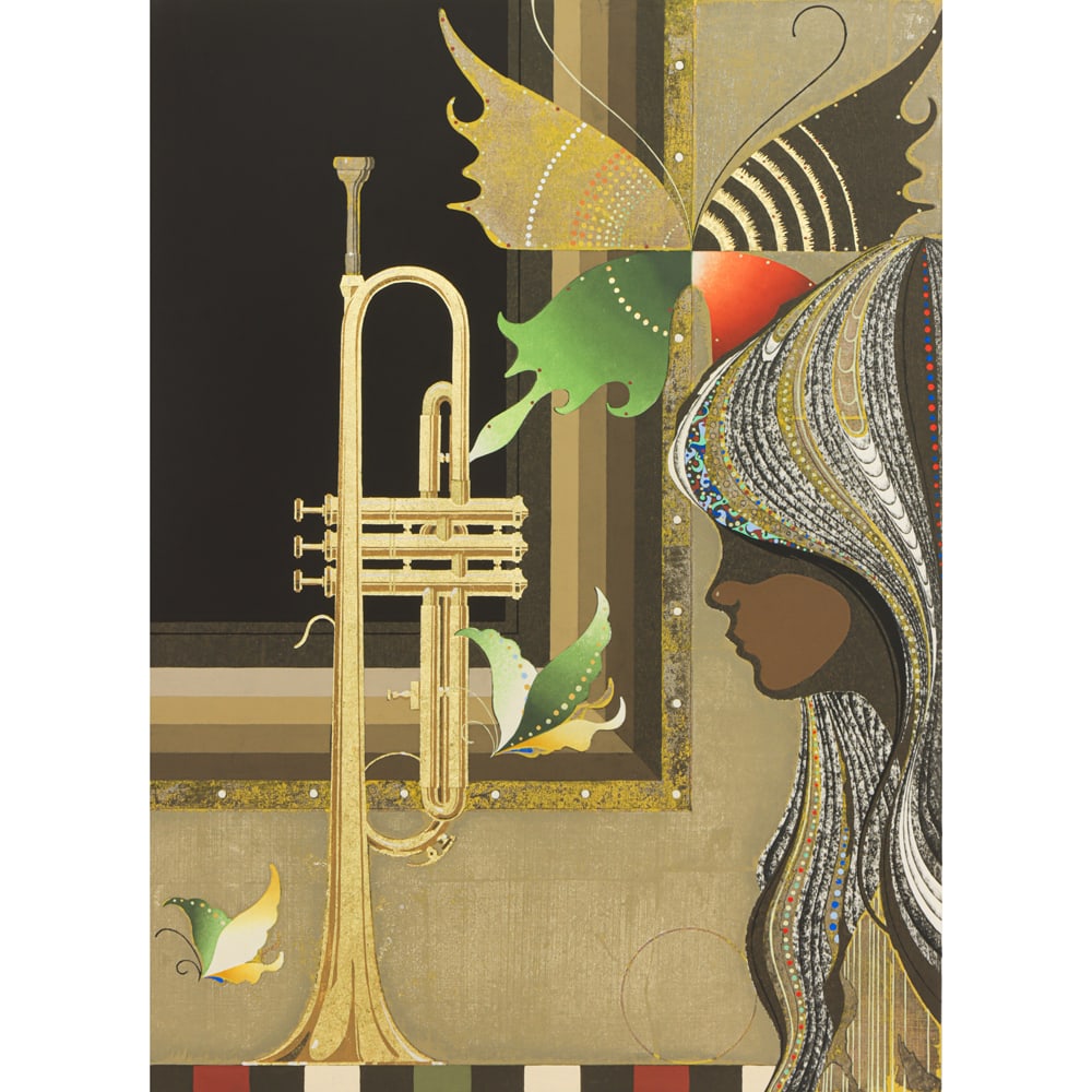 Print, Tadashui Nakayama: Tadashui Nakayama (Japanese, 1927-2014), Butterflies and Trumpet, woodcut, pencil signed and dated lower left, edition 17/95, image: 23.75"h x 17.5"w, sheet (unframed): 28.25"h x 22"w