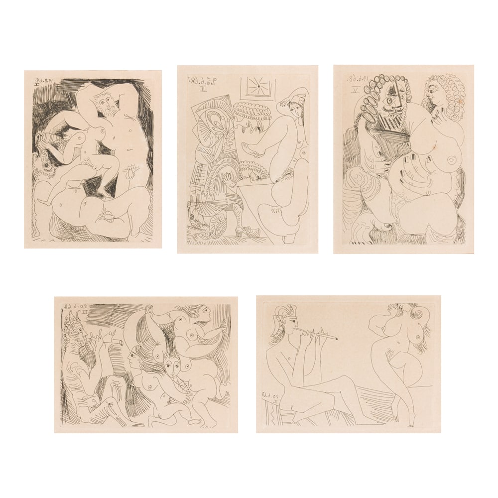 Prints, Pablo Picasso: (lot of 5) Pablo Picasso (Spanish, 1881-1973), Five compositions from "La Celestine," 1968/1971, etchings on laid paper, each with "La Celestine" watermark, each initialed and dated in plate, each
