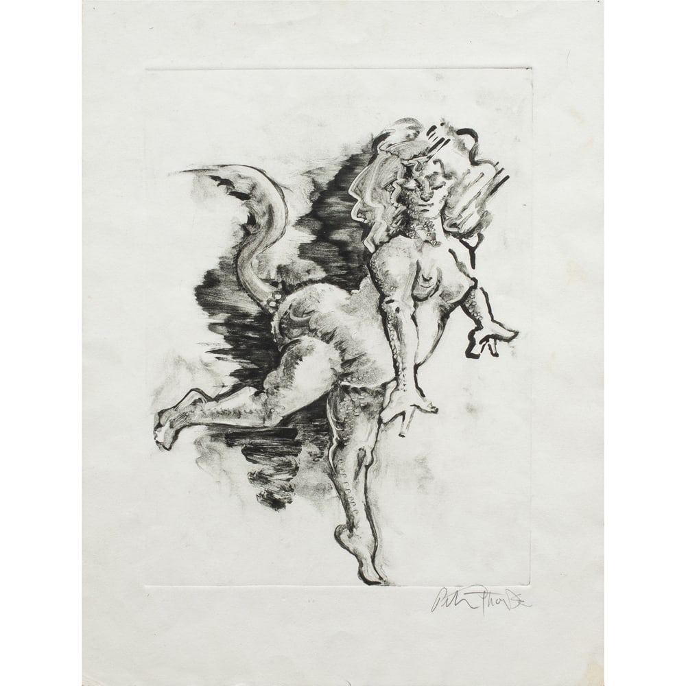 Print, Marcel Chirnoaga: Marcel Chirnoaga (Romanian, 1930-2008), Tailed Woman, etching, pencil signed lower right, image: 12"h x 8.5"w, sheet: 16"h x 12"w, overall (with frame): 23.5"h x 23.5"w