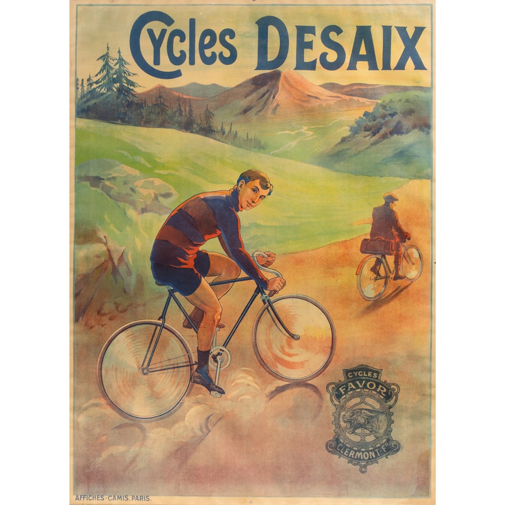 Poster, French School (20th century): French School (20th century), Cycles Desaix Poster, c. 1908, lithograph, sheet: 62"h x 45"w, overall (with frame): 68"h x 51"w