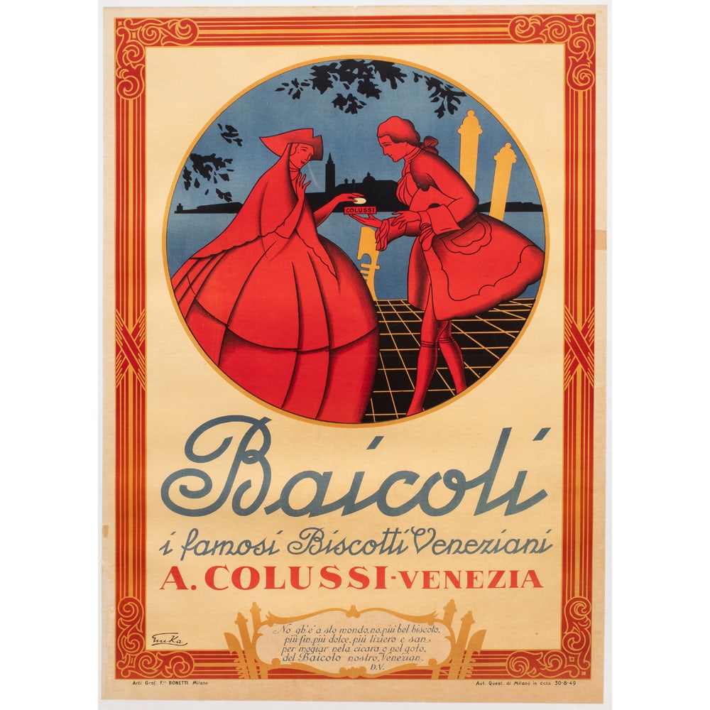 Print, Emka (Italian, 20th century): Emka (Italian, 20th century), Colussi Baicoli Biscotti Poster, 1949, lithograph, image: 39.5"h x 27.5"w, overall (with frame): 45.25"h x 33.75"w