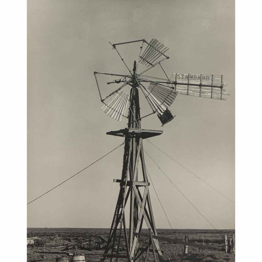 Photograph, Dorothea Lange: Dorothea Lange (American, 1895-1965), "Coldwater District, Broken Windmill, Dalhart, Texas," gelatin silver print, unsigned, sheet: 14"h x 11"w, overall (with backing): 15.75"h x 11"w. Provenance: