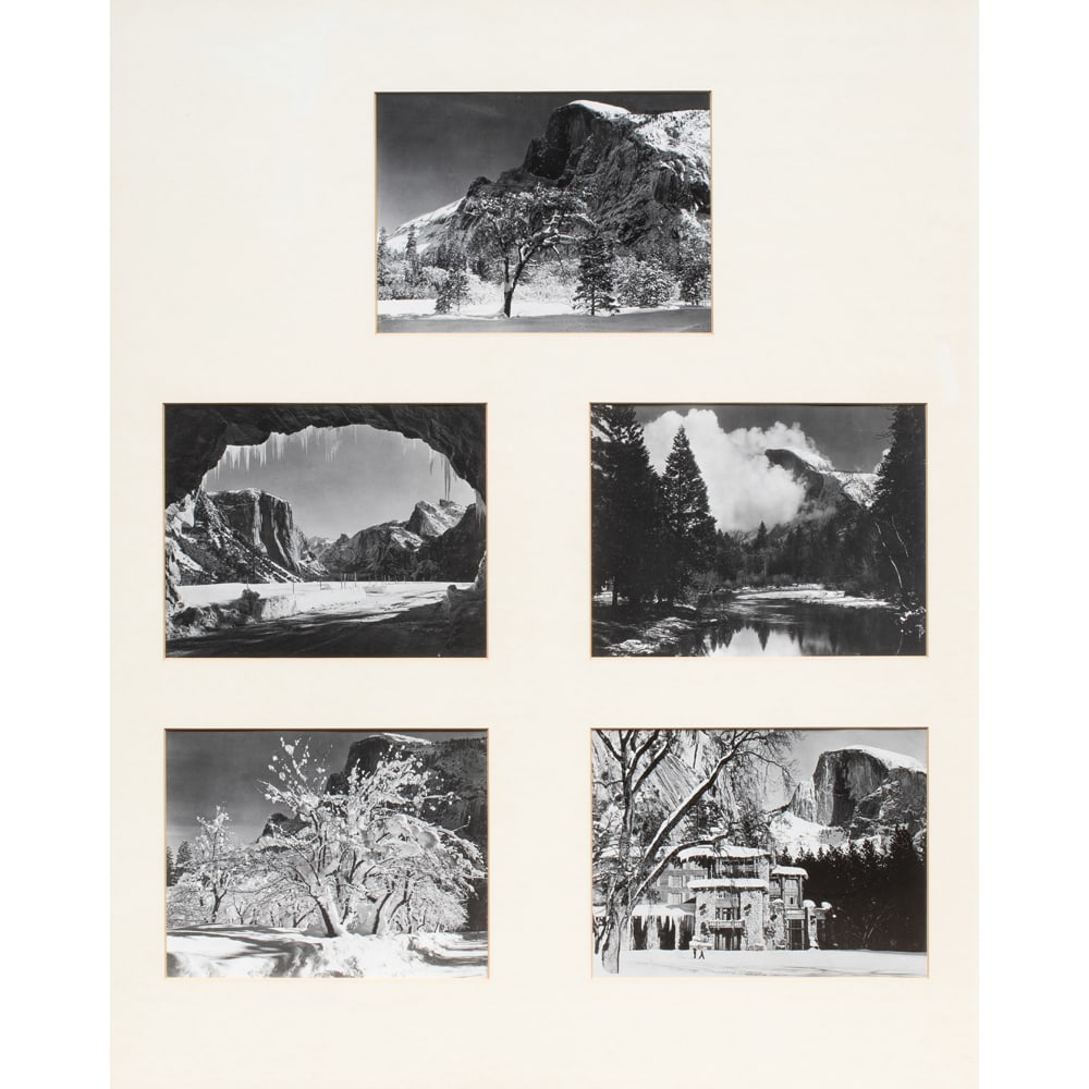 Photographs, Ansel Adams: (lot of 5) Ansel Adams (American, 1902-1984), Group of Five Views of Yosemite in Winter, photographic prints, each with ink stamp on verso reading "Photographed in Yosemite by Ansel Adams", each: 8"h 