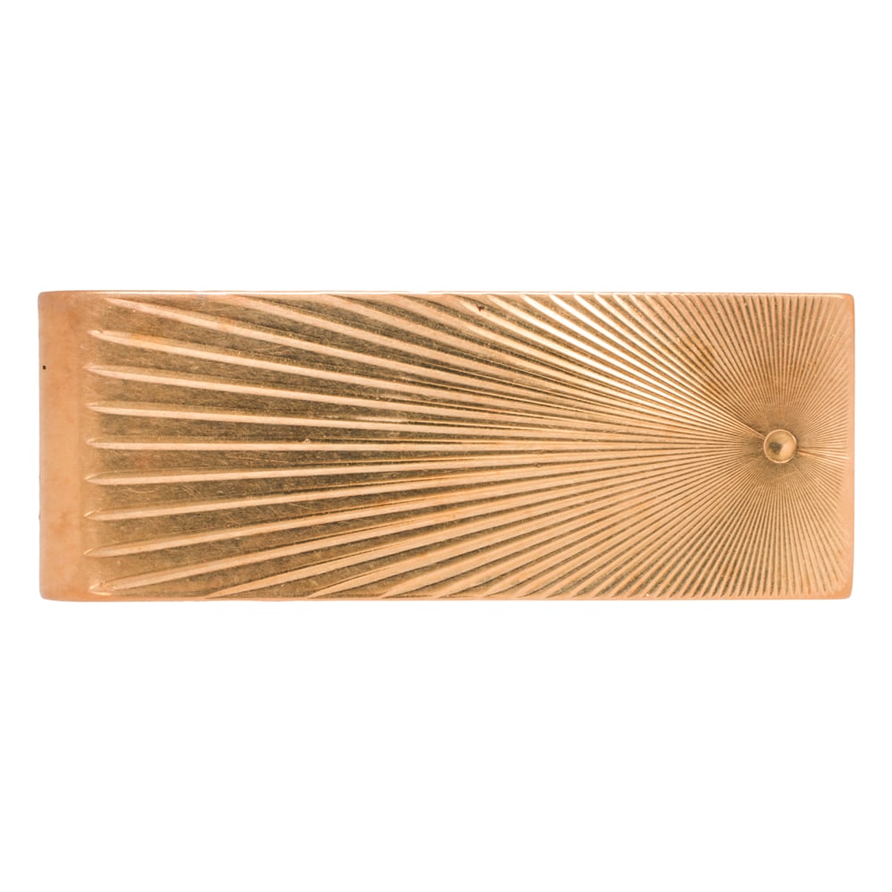 A 14k gold money clip: A 14k gold money clip Featuring a sunburst etching; length: 2 1/4 in; 27.85 grams