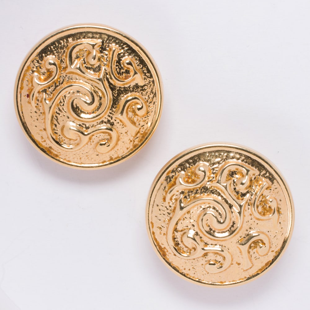 A pair of 14k gold earrings: A pair of 14k gold earrings Designed as hollow-form discs accented by textured scrolling; length: 1 1/8 in; 8.05 grams
