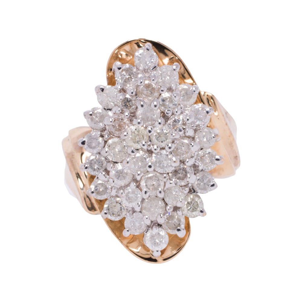 A diamond and 14k gold ring: A diamond and 14k gold ring of cluster design featuring 36 round brilliant-cut diamonds weighing approximately 2.00 carats; size: 8; 6.50 grams