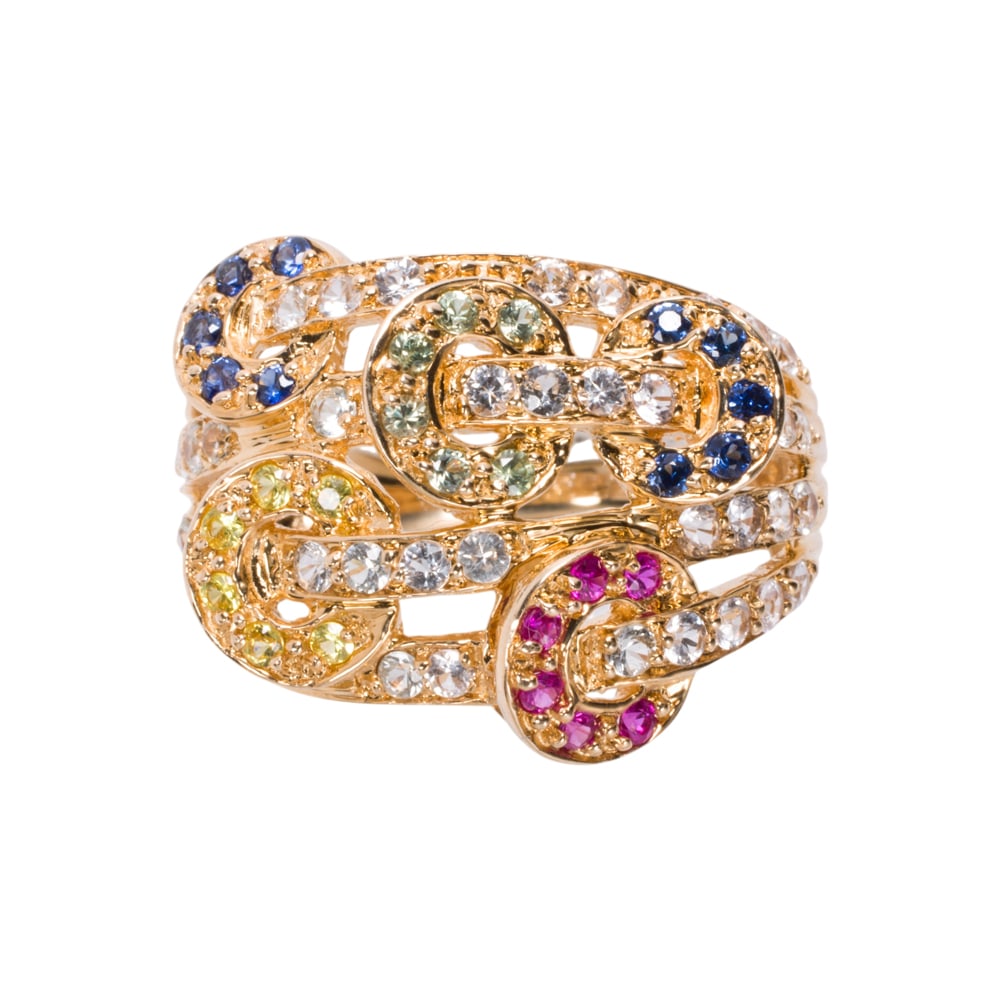 A sapphire and 14k gold ring: A sapphire and 14k gold ring of abstract geometric design set with circular-cut multi-color sapphire weighing approximately 1.20 carats in total; size: 8; 6.80 grams
