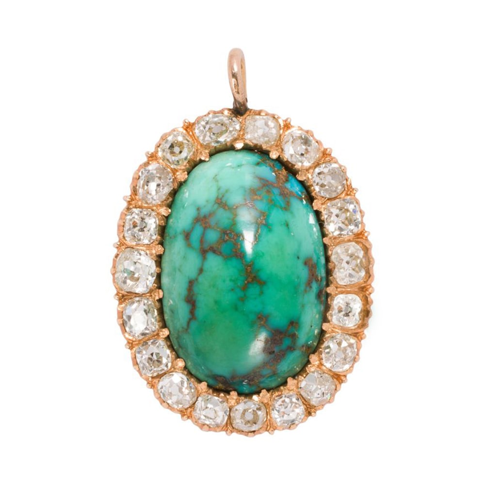 An antique turquoise, diamond, 14k, and 18k gold pendant necklace: An antique turquoise, diamond, 14k, and 18k gold pendant necklace The pendant set with a polished turquoise stone measuring 21.21 x 14.87 x 12.30 mm, framed by a halo of 17 old mine-cut diamonds, on