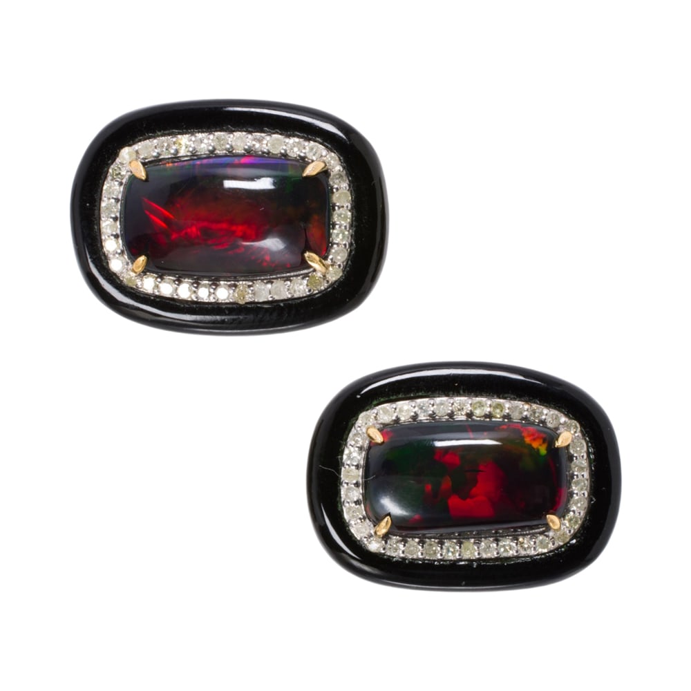 A pair of black opal, diamond, onyx, silver, and 14k gold earrings: A pair of black opal, diamond, onyx, silver, and 14k gold earrings The silver earrings featuring cushion-shaped opal cabochons weighing 3.50 carats, with round-cut diamond and onyx surround, 14k gold