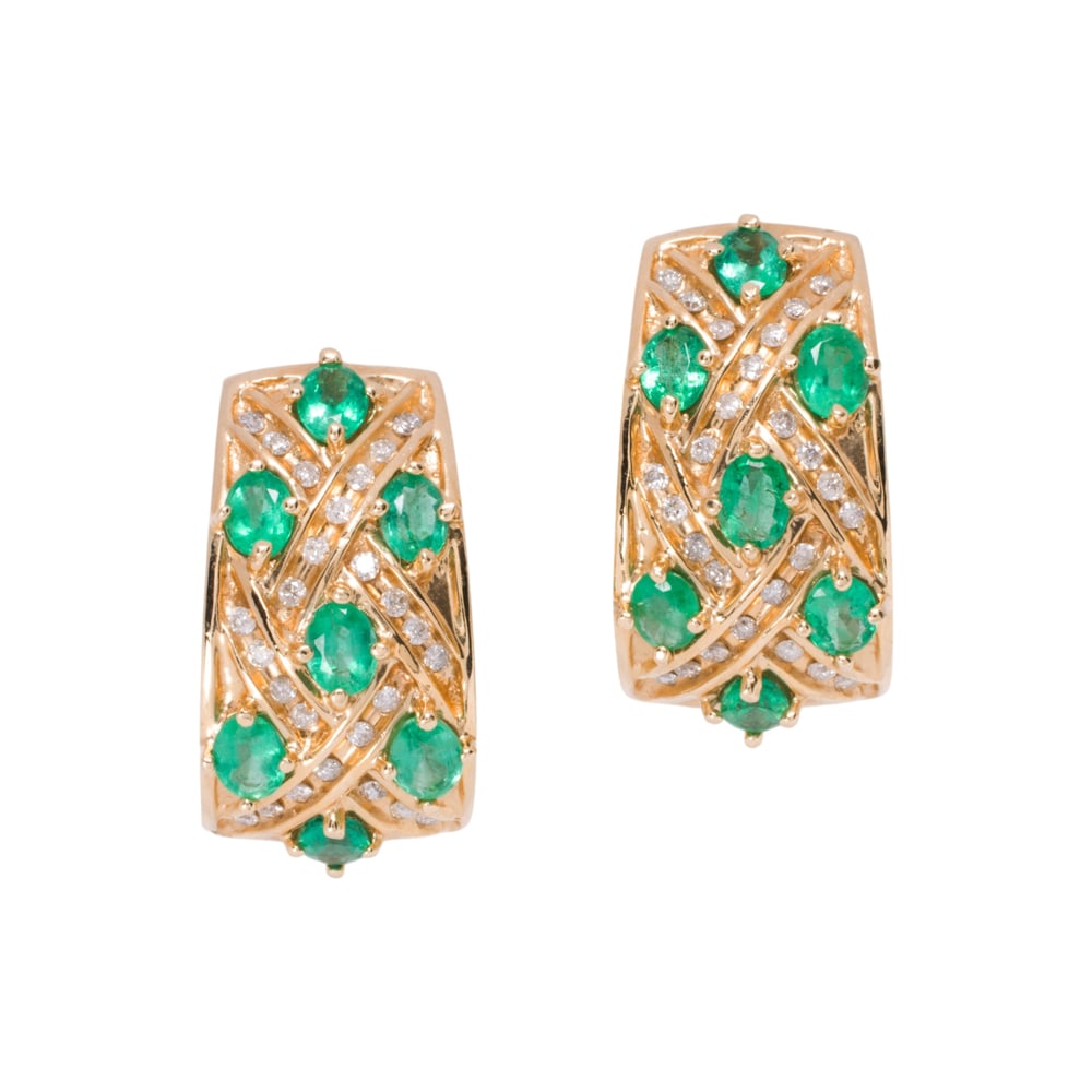 A pair of emerald, diamond, and 14k gold earrings: A pair of emerald, diamond, and 14k gold earrings Featuring a woven pattern of oval-cut emeralds and round brilliant-cut diamonds: estimated total emerald weight: 2.60 carats; estimated total diamond