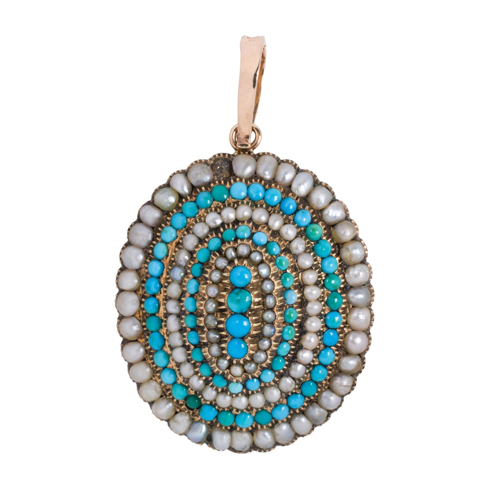A turquoise, pearl and 14k gold pendant: A turquoise, pearl and 14k gold pendant designed as offset rows of split cultured pearl and turquoise cabochons; length: 2 in; 15.40 grams