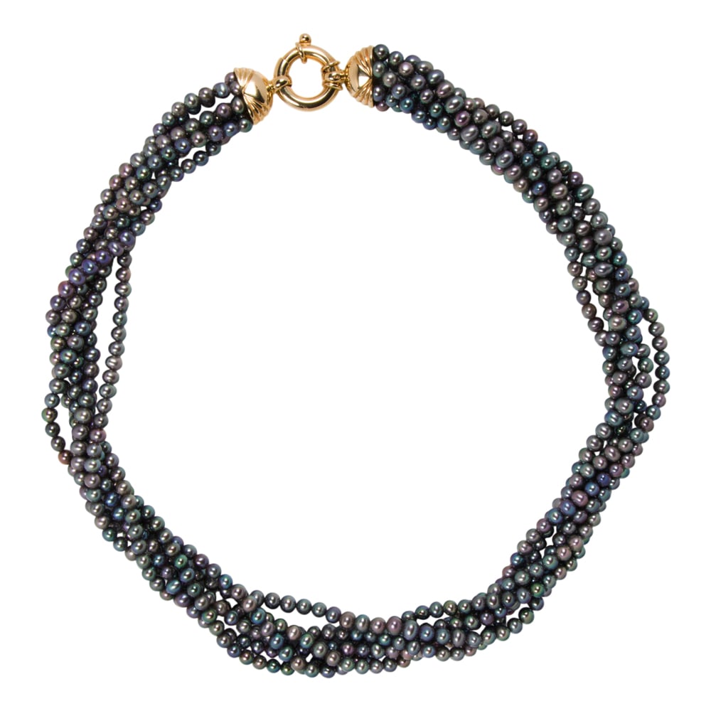 A cultured peal and 14k gold torsade necklace: A cultured peal and 14k gold torsade necklace Designed as six strands of cultured black pearls measuring 4.31 mm, on 14k gold clasp; length: 18 1/2 in; 82.25 grams