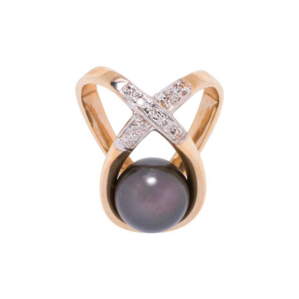 A tahitian pearl, diamond and 14k gold slide pendant: A tahitian pearl, diamond and 14k gold slide pendant centering a tahitian cultured pearl measuring approximately 10.60 mm in diameter, within open form mounting accented by round brilliant-cut