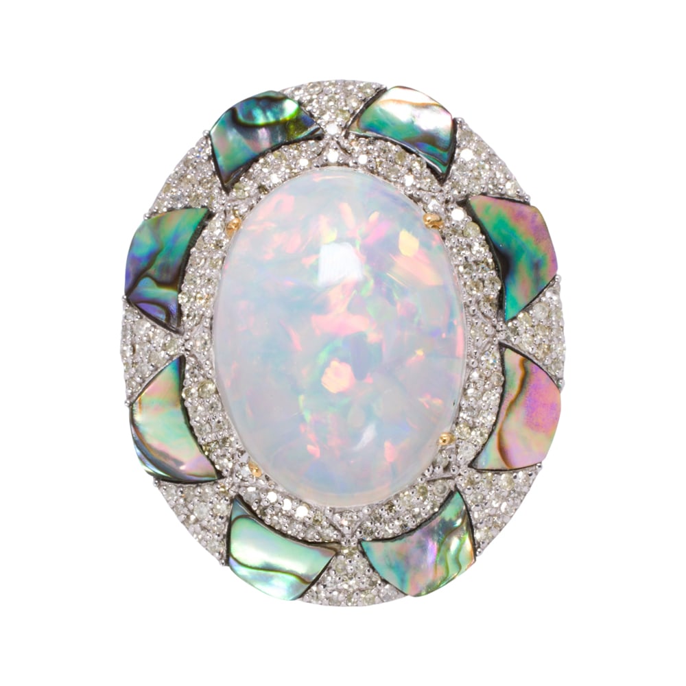 An opal, diamond, abalone shell, silver, and 14k gold ring: An opal, diamond, abalone shell, silver, and 14k gold ring The ring centering an oval-shaped opal cabochon weighing 12.30 carats, framed within abalone shell and round-cut diamonds, set within silver