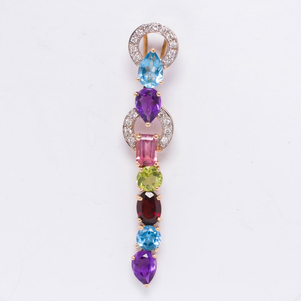 A diamond, gemstone and 14k gold pendant: A diamond, gemstone and 14k gold pendant designed as a line of topaz, amethyst, rose quartz, peridot and garnet, accented by discs of round brilliant-cut diamonds; 4.30 grams; length: 2 in