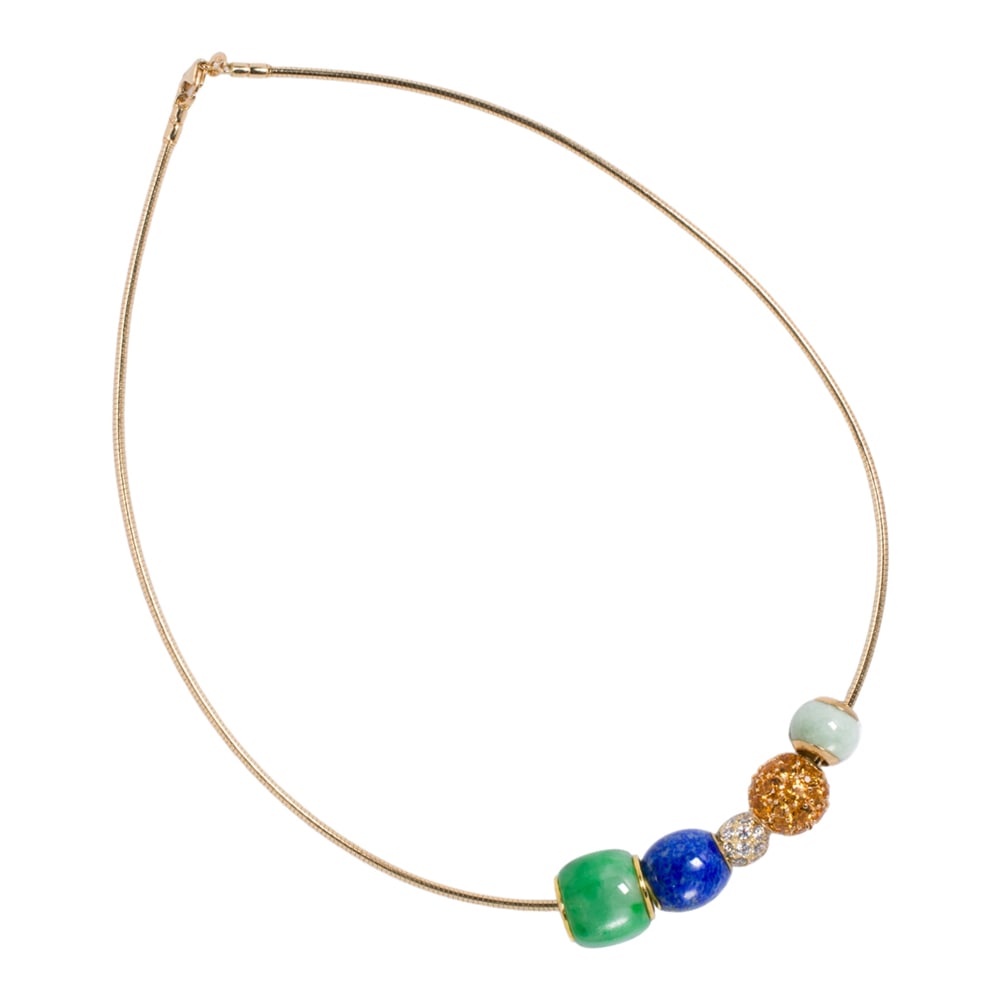A hardstone and 14k gold beaded necklace: A hardstone and 14k gold beaded necklace The 14k gold snake chain featuring five hardstone beads of varying materials including citrine and lapis lazuli; length: 16 3/4 in; 25.55 grams