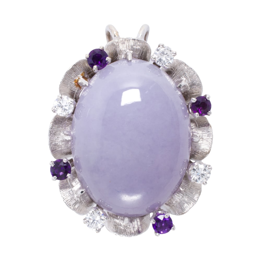 A lavender jade, diamond, amethyst, and 14k white gold pendant: A lavender jade, diamond, amethyst, and 14k white gold pendant Centering an oval-shaped lavender jade cabochon measuring 23.81 x 18.48 mm, framed by four round-cut amethyst and four round