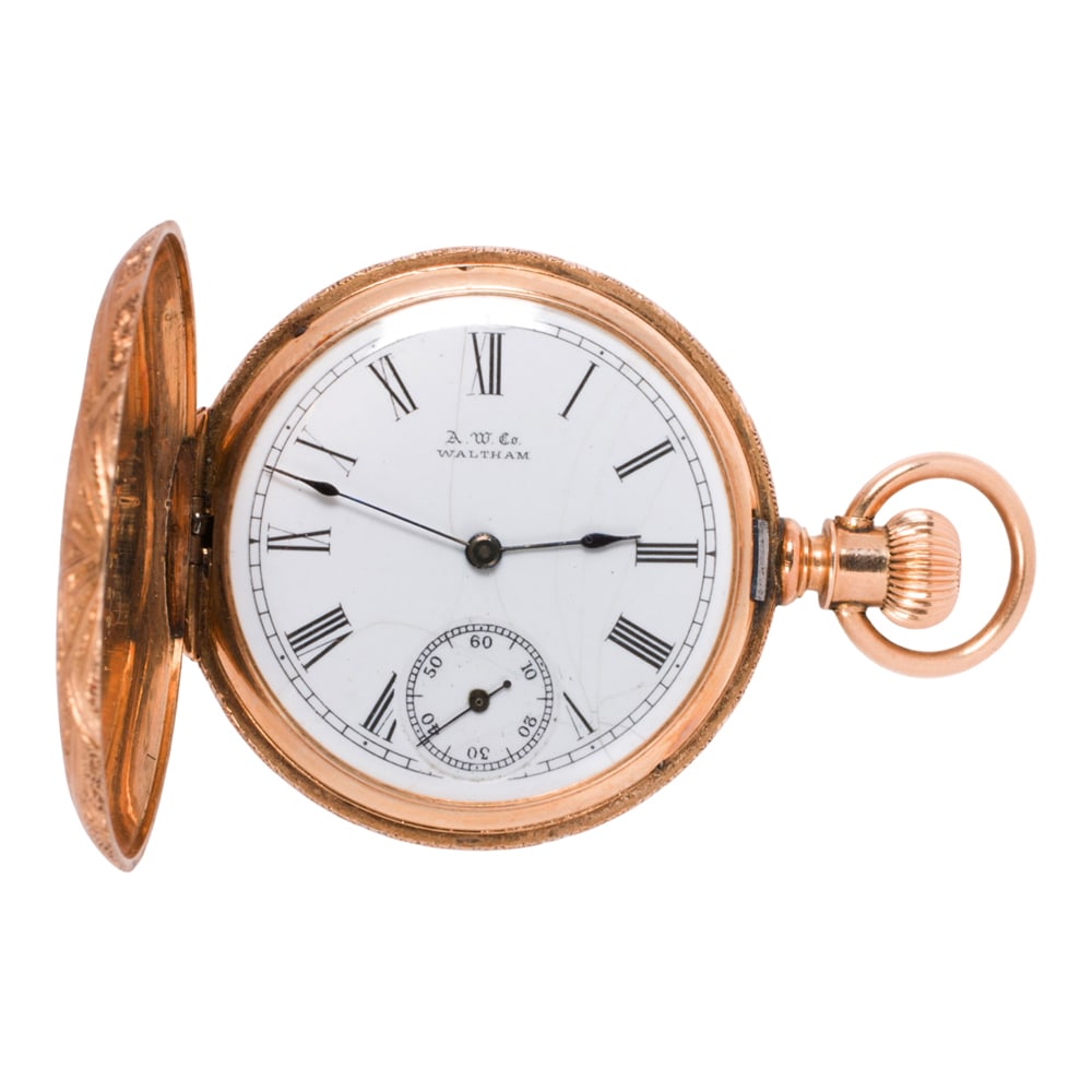 An antique Waltham diamond and 14k gold pocket watch: An antique Waltham diamond and 14k gold pocket watch Case no.: 229895Movement no.: 4193083The white tone face, black Roman indices, black breguet hands, subsidiary dial, within ornate 14k gold case se