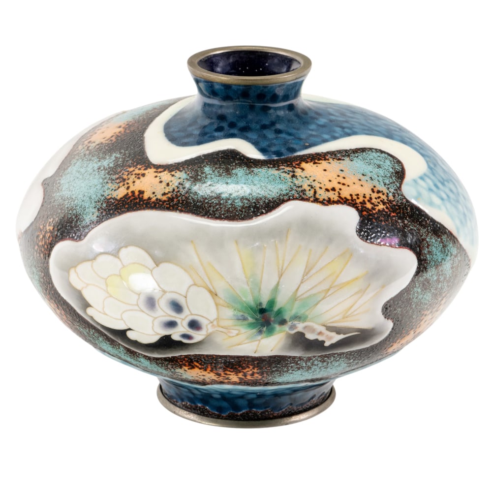 A Japanese cloisonne enamel vase attributed to Ando Jubei: A Japanese cloisonne enamel vase attributed to Ando Jubei. Decorated with large blossoming flowers and foliage, bearing artist's seal, early 20th century, 6.25" high.