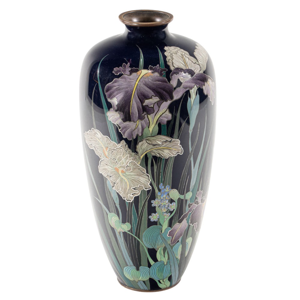 A Japanese cloisonne enamel 'iris' vase attributed to Hiyashi: A Japanese cloisonne enamel 'iris' vase attributed to Hiyashi. Of baluster from, depicting iris flowers and aquatic leaves, early 20th century, 12" high.