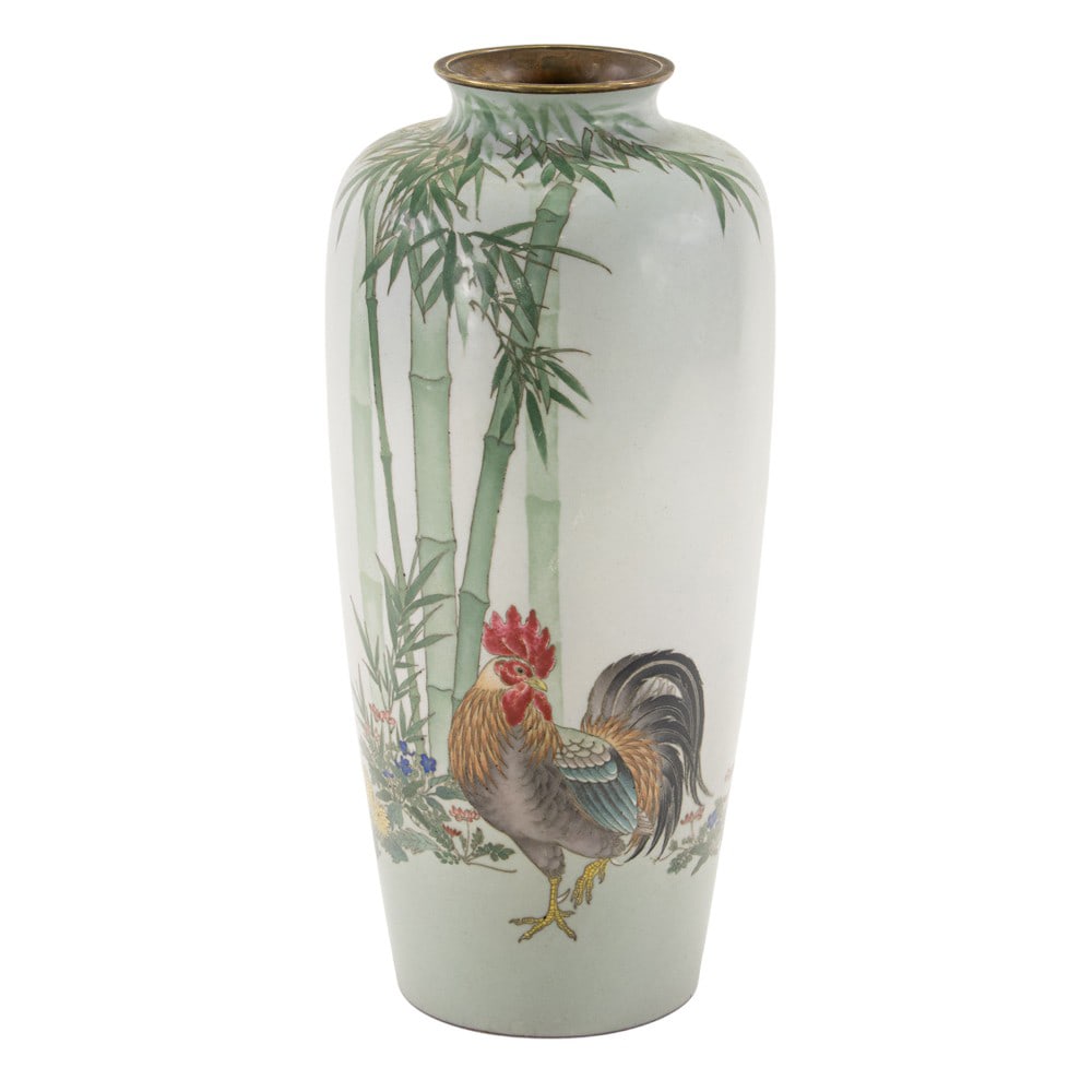 A Japanese cloisonne enamel vase attributed to Ando or Gonda: A Japanese cloisonne enamel vase attributed to Ando or Gonda. Of baluster form with short neck, depicting a standing rooster beside bamboo and flowering plants, early 20th century, 12" high.