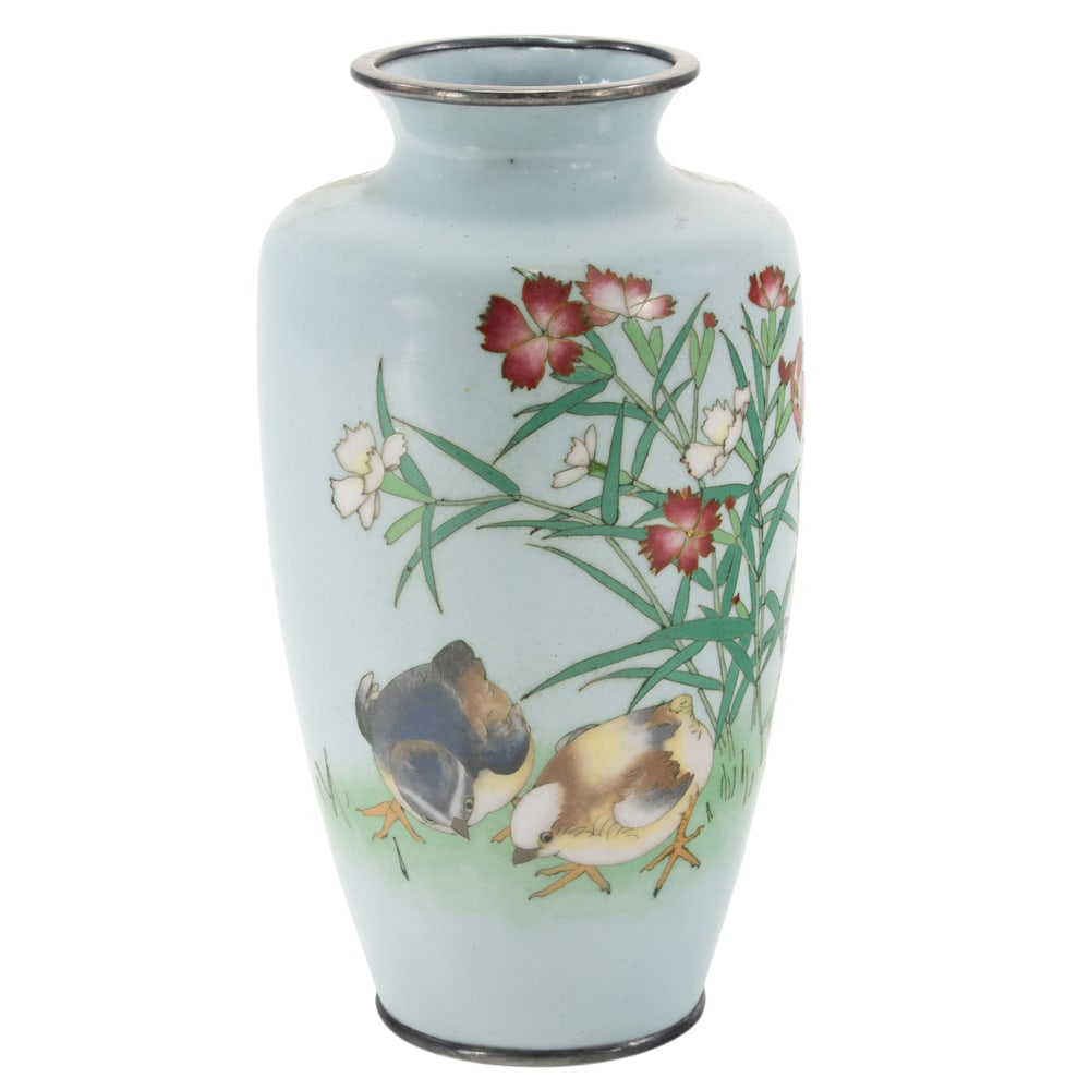 A Japanese cloisonne enamel vase by Gonda: A Japanese cloisonne enamel vase by Gonda. Depicting chicken and floral design, featuring the artist's seal, Meiji period, 7.25" high.
