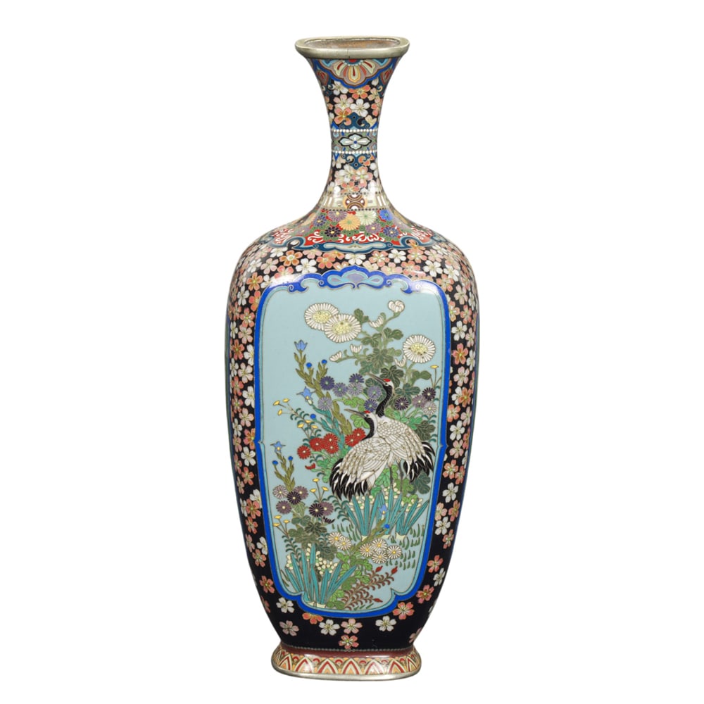 A Japanese cloisonne enamel vase attributed to Gonda: A Japanese cloisonne enamel vase attributed to Gonda. Featuring floral and birds design, Meiji period, 7.25" high.