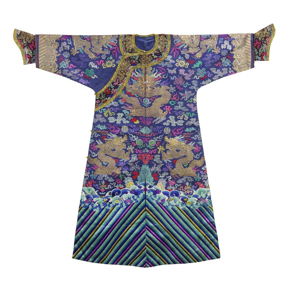 A Chinese blue ground silk brocade 'dragon' robe (1 of 5)