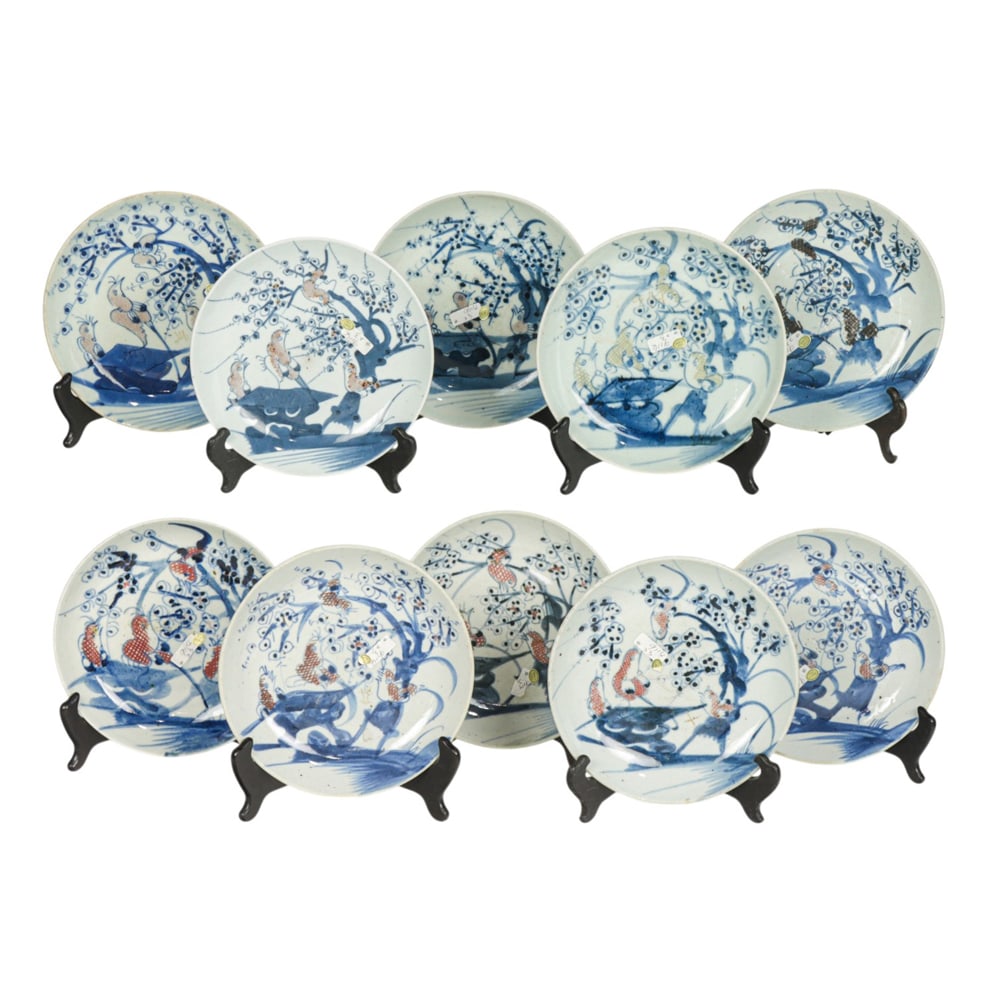 (lot of 10) Chinese blue and white and copper red bird dishes (1 of 8)