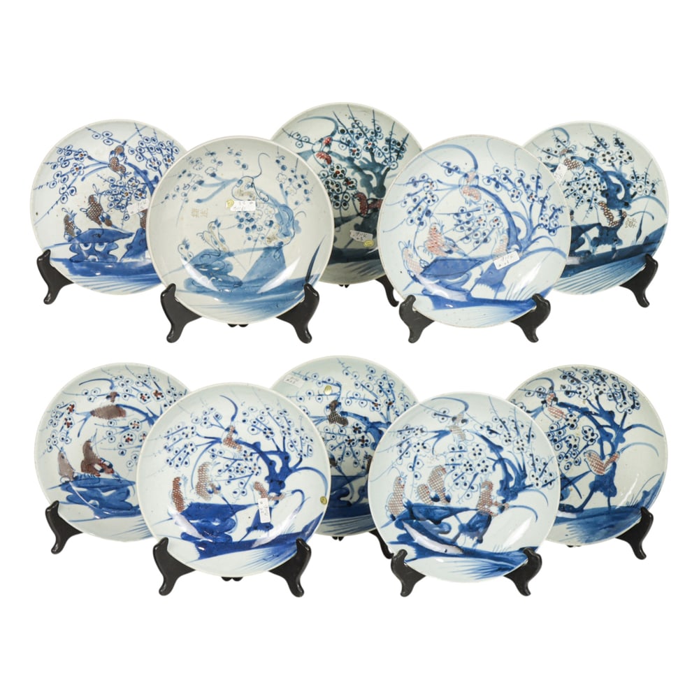 (lot of 10) Chinese blue and white and copper red bird dishes (1 of 7)